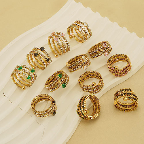 Elegant Shiny Round Stainless Steel Plating Inlay Rhinestones Zircon 18K Gold Plated Wide Band Ring
