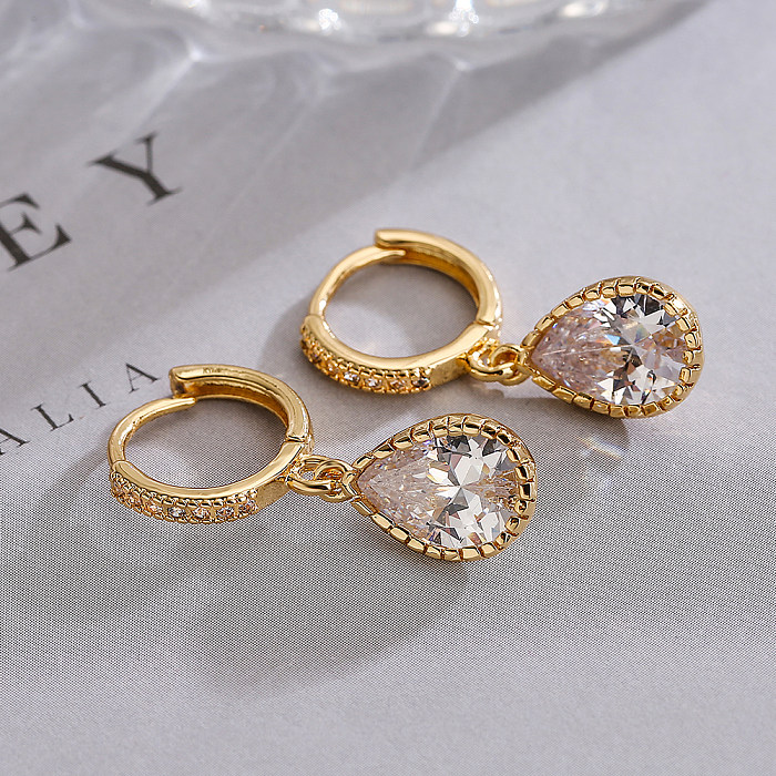 1 Pair Simple Style Commute Water Droplets Plating Inlay Copper Zircon 18K Gold Plated Drop Earrings