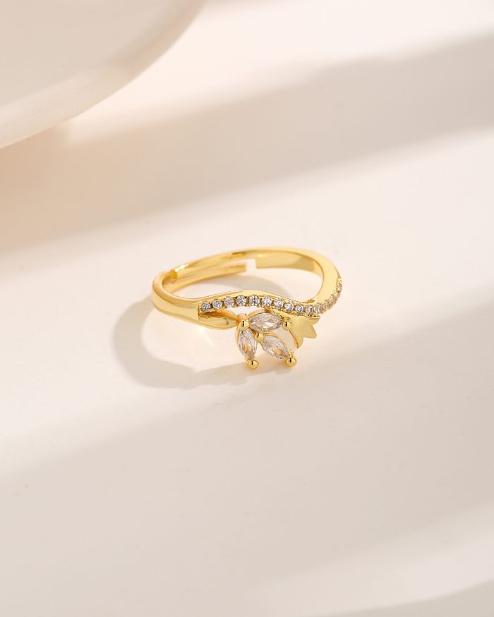 Basic Commute Flower Copper Plating Inlay Zircon 18K Gold Plated Open Rings