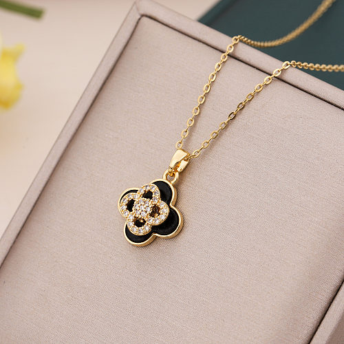 Modern Style Four Leaf Clover Copper Inlay Zircon Pendant Necklace
