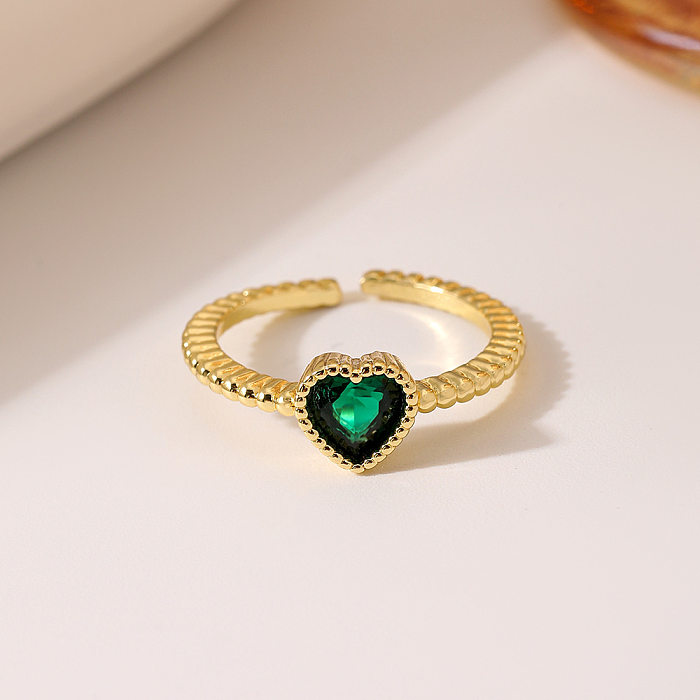Glam Heart Shape Copper Plating Inlay Artificial Gemstones Open Rings