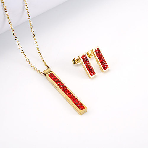 Fashion Rectangle Stainless Steel Inlay Rhinestones Earrings Necklace 1 Set