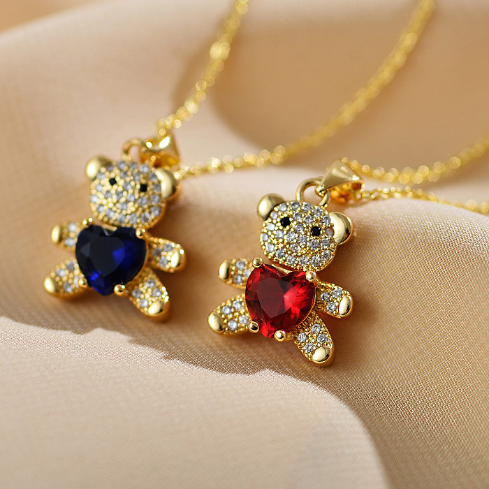 Elegant Shiny Little Bear Heart Shape Copper Inlay Zircon Gold Plated Pendant Necklace