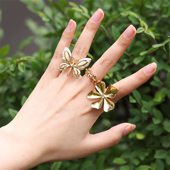 Vacation Butterfly Daisy Stainless Steel Plating 18K Gold Plated Open Rings