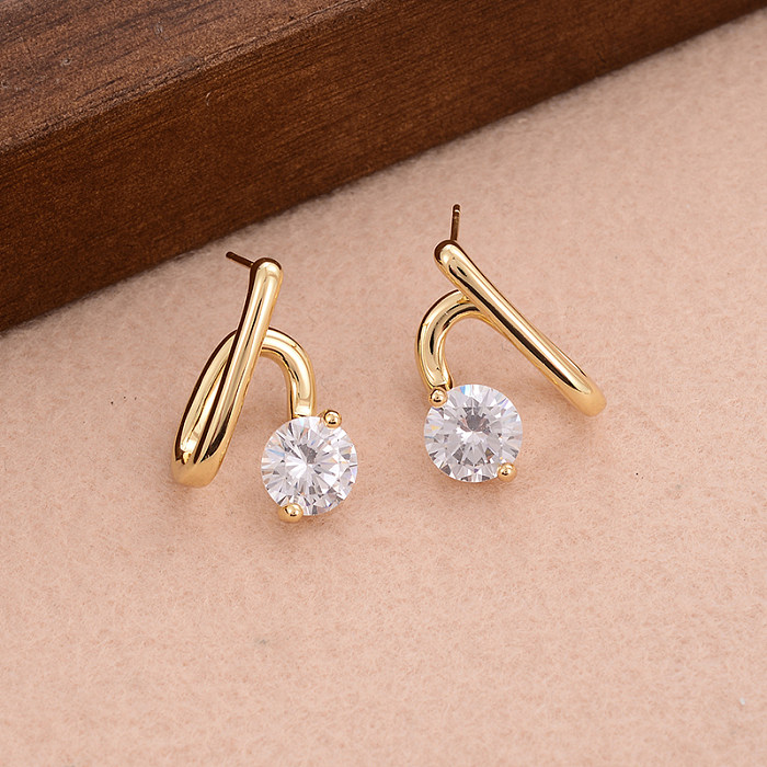 1 Pair Simple Style Lines Plating Inlay Copper Zircon Gold Plated Ear Studs