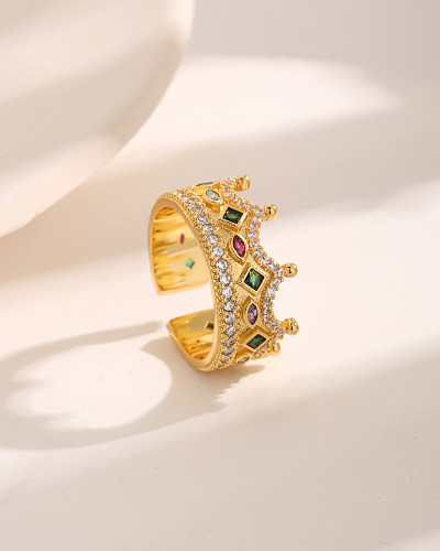 Luxuoso estilo barroco estilo francês coroa chapeamento de cobre incrustação zircão anéis abertos banhados a ouro 18K
