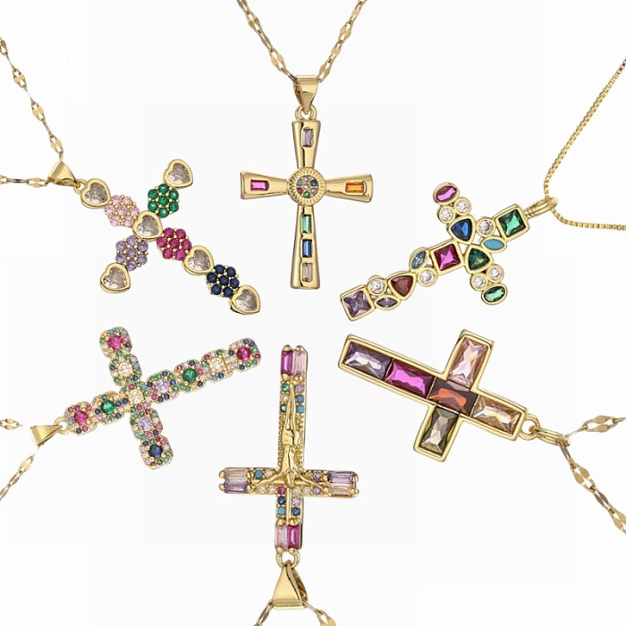 1 Piece Artistic Cross Copper Plating Inlay Zircon Pendant Necklace