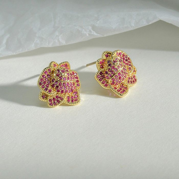 1 Pair Romantic Flower Plating Inlay Copper Zircon Ear Studs