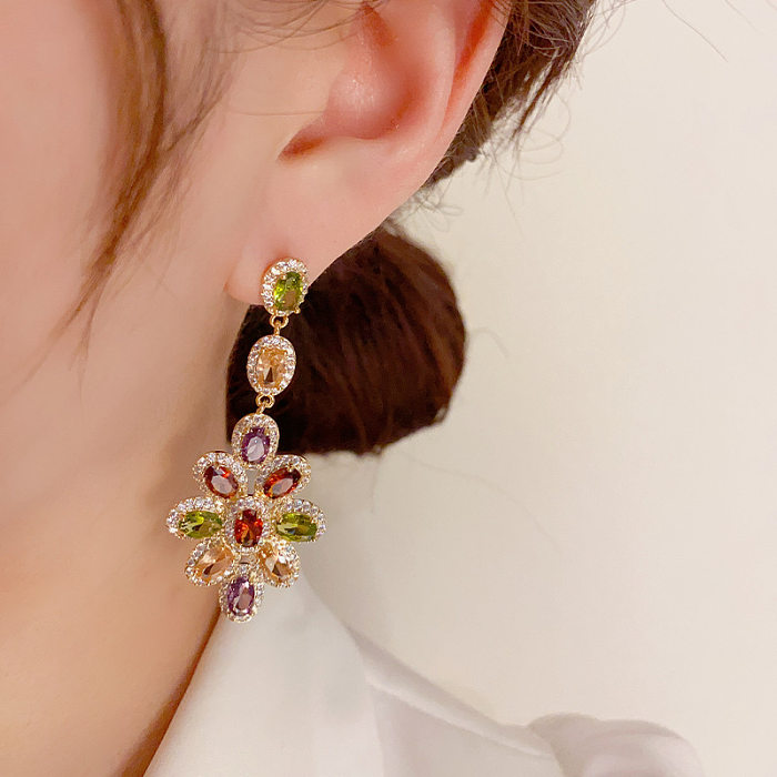 1 Pair Elegant Lady Flower Plating Inlay Copper Zircon Gold Plated Drop Earrings