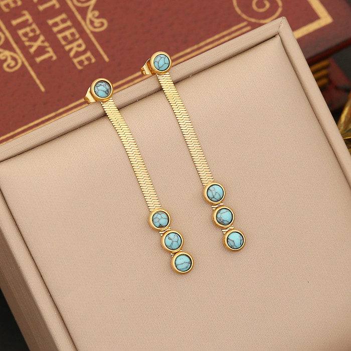 Élégant Style Vintage rond en acier inoxydable placage incrustation Turquoise Bracelets boucles d'oreilles collier