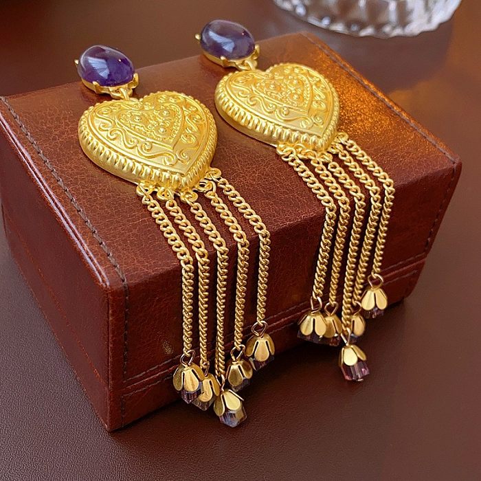 1 Pair Retro Square Heart Shape Flower Inlay Copper Artificial Pearls Resin Earrings