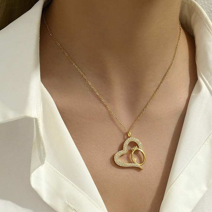 Romântico doce oval formato de coração cobre 18K banhado a ouro branco colar com pingente de zircão a granel