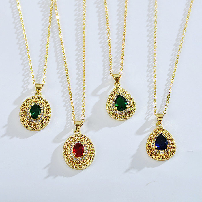 Retro Oval Water Droplets Titanium Steel Copper Inlay Zircon Gold Plated Pendant Necklace