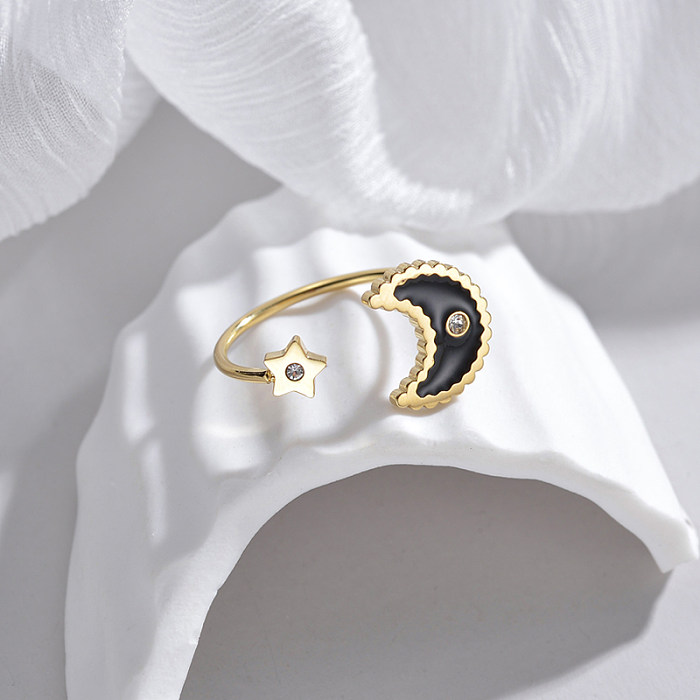 Casual Ethnic Style Star Moon Stainless Steel 14K Gold Plated Zircon Open Rings In Bulk