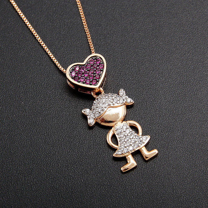 Cute Human Heart Shape Copper Plating Inlay Zircon Gold Plated Pendant Necklace