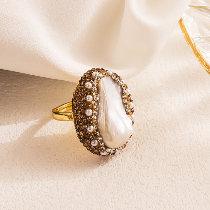 Offener, ovaler, unregelmäßiger Kupfer-Intarsien-Perlen-Zirkon-vergoldeter offener Ring für den Urlaub