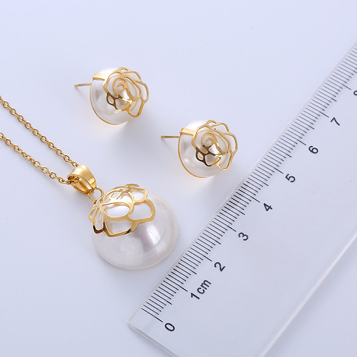 Elegante Damen-Ohrring-Halskette im einfachen Stil mit geometrischer Edelstahl-Beschichtung, Intarsien-Perle, 18 Karat vergoldet