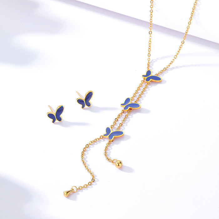 Fashion Bohemian Stainless Steel Plating 18K Gold Blue Butterfly Earrings Necklace Set