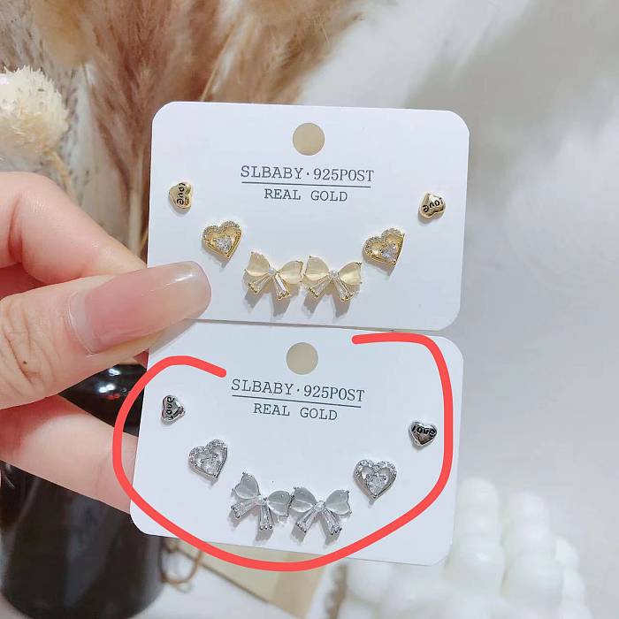 Simple Style Geometric Heart Shape Bow Knot Copper Plating Inlay Artificial Gemstones Ear Studs