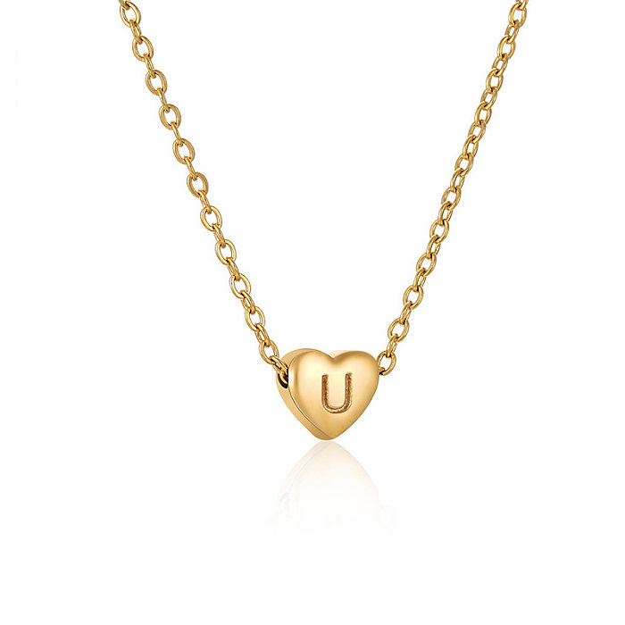 Colar com pingente banhado a ouro 14K com letras elegantes casuais em formato de coração em aço inoxidável