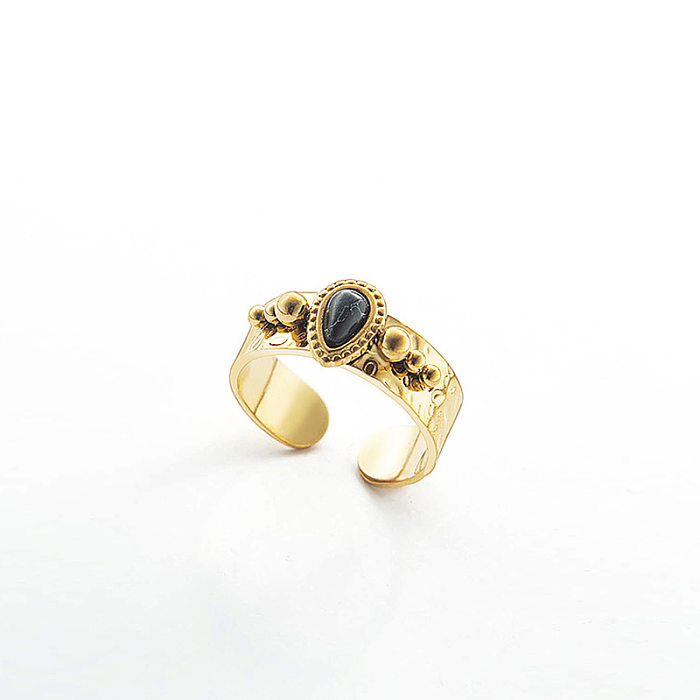 Retro Stainless Steel Inlaid With Drop-shaped Black Turquoise Ring