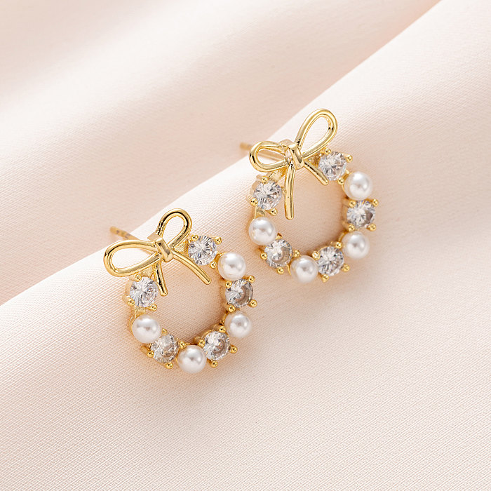 Elegant Geometric Copper Gold Plated Artificial Pearls Zircon Earrings 1 Pair