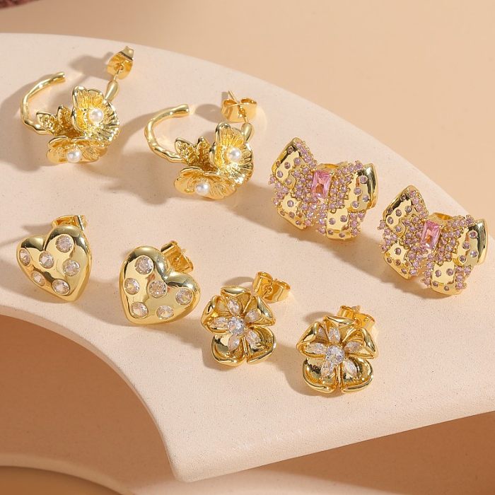 1 Pair Elegant Luxurious Classic Style Geometric Heart Shape Inlay Copper Pearl Zircon 14K Gold Plated Earrings