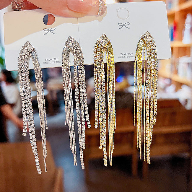 1 Piece Elegant Lady Rhombus Tassel Inlay Copper Rhinestones Drop Earrings