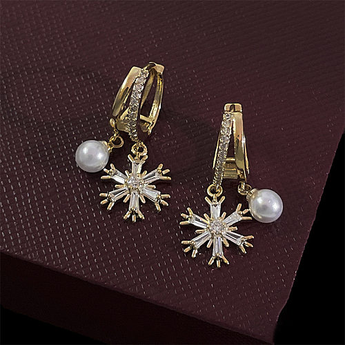 Mode Schneeflocke Kupfer Inlay künstliche Perlen Zirkon baumelnde Ohrringe 1 Paar