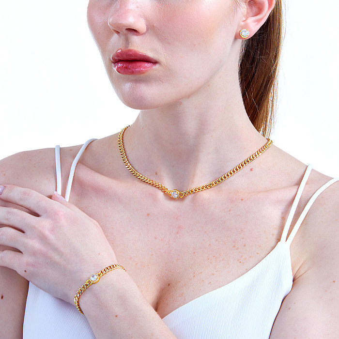Moda simples cobre galvanizado 18K ouro zircão orelha pulseira colar conjunto de 3 peças