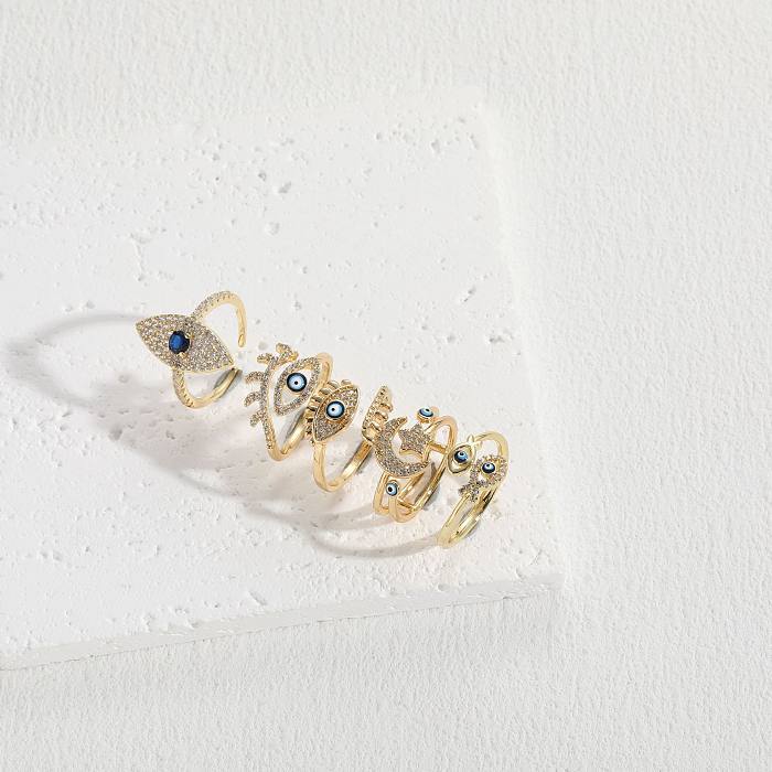 Offene Ringe im modernen Stil mit Teufelsauge, Kupfer-Emaille-Beschichtung, Zirkoneinlage, 14 Karat vergoldet