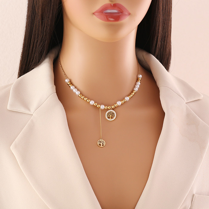 Elegante Retro-Baum-Edelstahl-Imitat-Perlen-Inlay-Zirkon-Armbänder, Ohrringe, Halskette