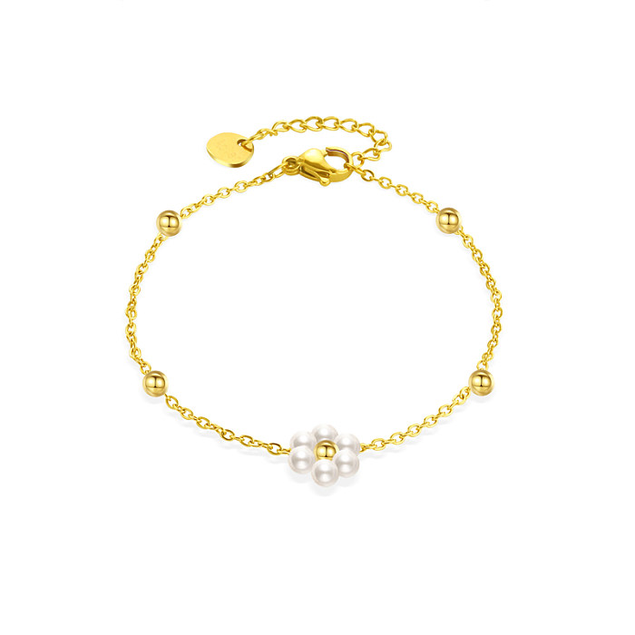 Sweet Flower Stainless Steel Beaded Plating Inlay Freshwater Pearl 14K Gold Plated Bracelets Necklace