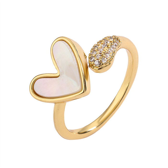 Luxurious Heart Shape Copper Plating Inlay Shell Zircon Gold Plated Open Rings