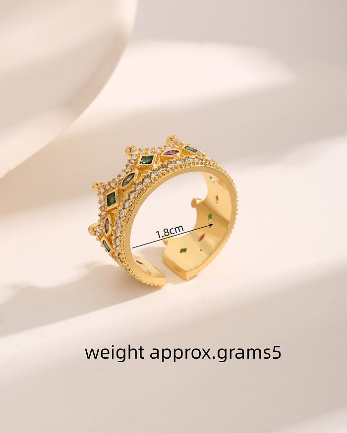 Luxurious Baroque Style French Style Crown Copper Plating Inlay Zircon 18K Gold Plated Open Rings