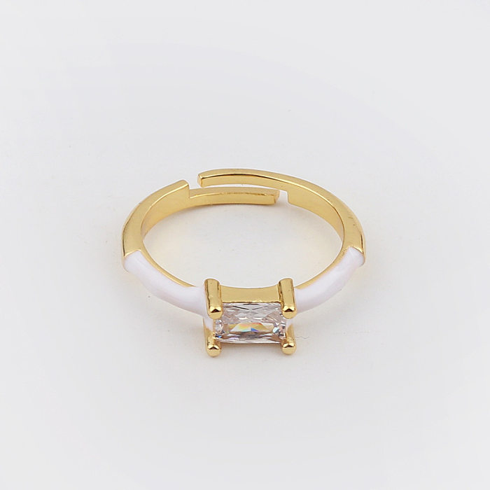 Lady Rectangle Copper Enamel Plating Inlay Zircon Open Ring