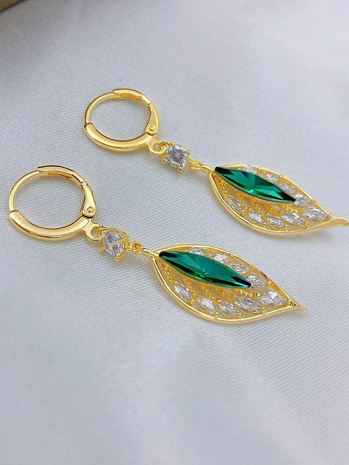 1 paire de boucles d'oreilles élégantes en placage de feuilles, incrustation de cuivre et de Zircon plaqué or