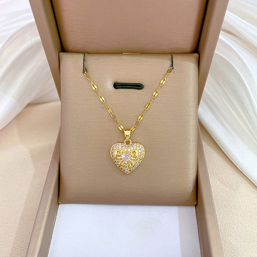 Sweet Heart Shape Titanium Steel Copper Inlay Zircon Pendant Necklace