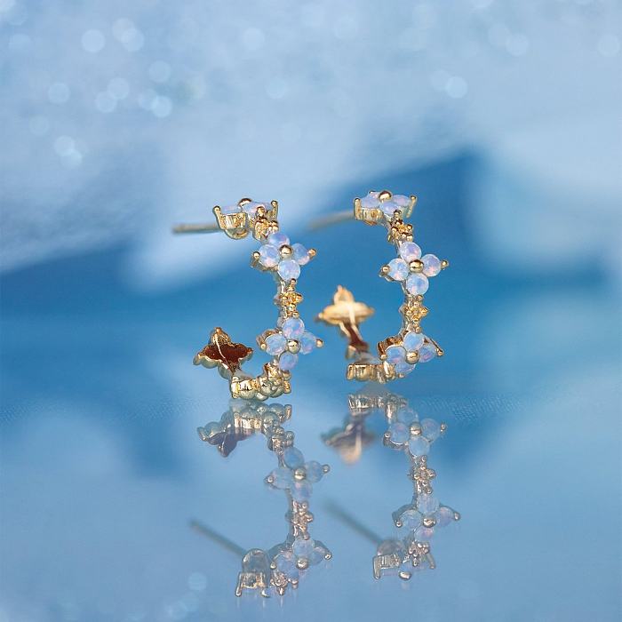 INS Style Blue Flower Stud Earrings Copper Plating 18K Real Gold Flower Ear Ring Cross-Border Korean Jewelry Earrings