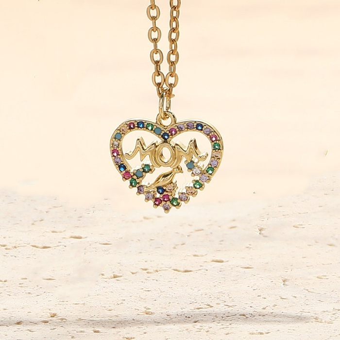 Elegant MAMA Letter Heart Shape Copper 14K Gold Plated Zircon Pendant Necklace In Bulk