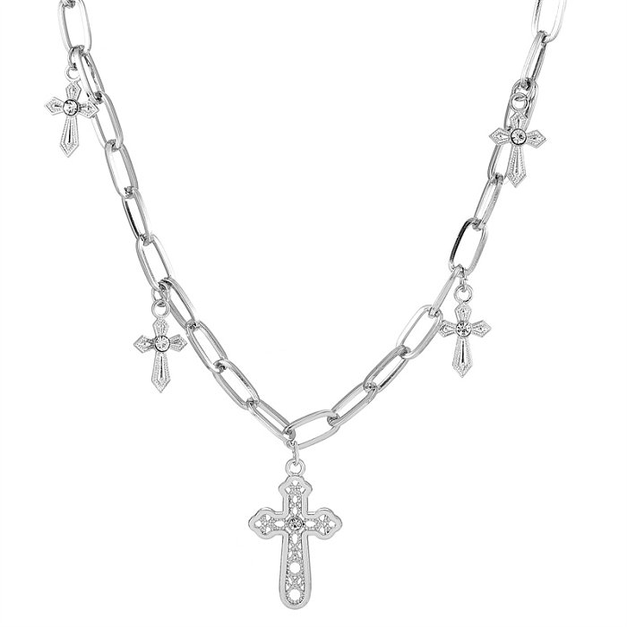 IG Style Kreuz Edelstahl Metall Kupferbeschichtung Inlay Künstliche Perlen Strasssteine ​​Zirkon 18K vergoldet versilberte Halskette