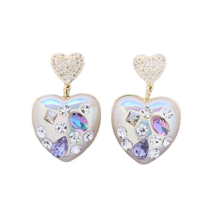 1 Pair Lady Heart Shape Inlay Imitation Pearl Copper Rhinestones Zircon Drop Earrings