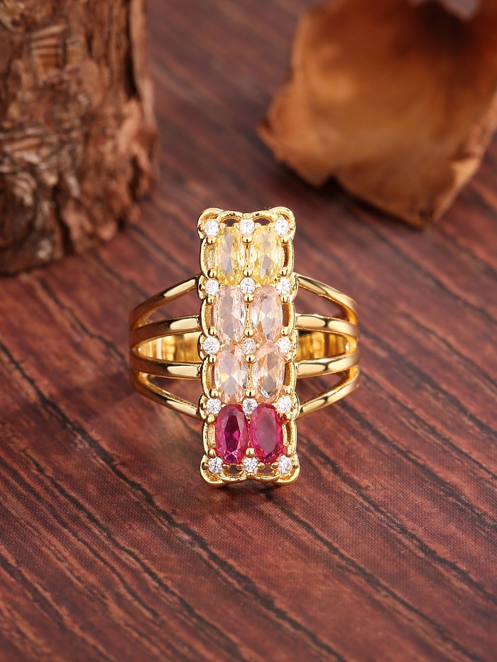 Übertriebene, luxuriöse, süße, rechteckige offene Ringe mit Kupferschichtüberzug und Inlay aus Zirkon und 18-karätigem Gold