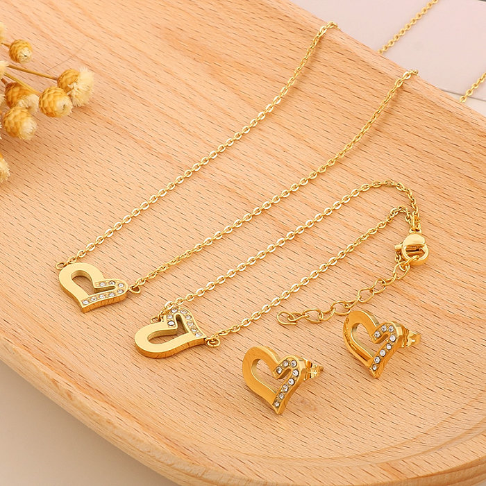 Casual Streetwear Heart Shape Titanium Steel Plating 18K Gold Plated Earrings Necklace