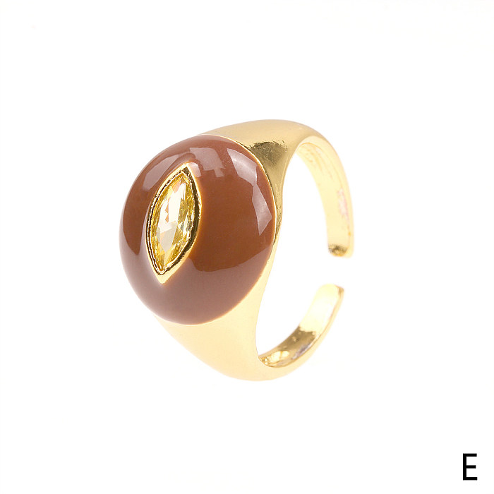 Retro Simple Style Water Droplets Copper Enamel Plating Inlay Zircon 18K Gold Plated Open Rings
