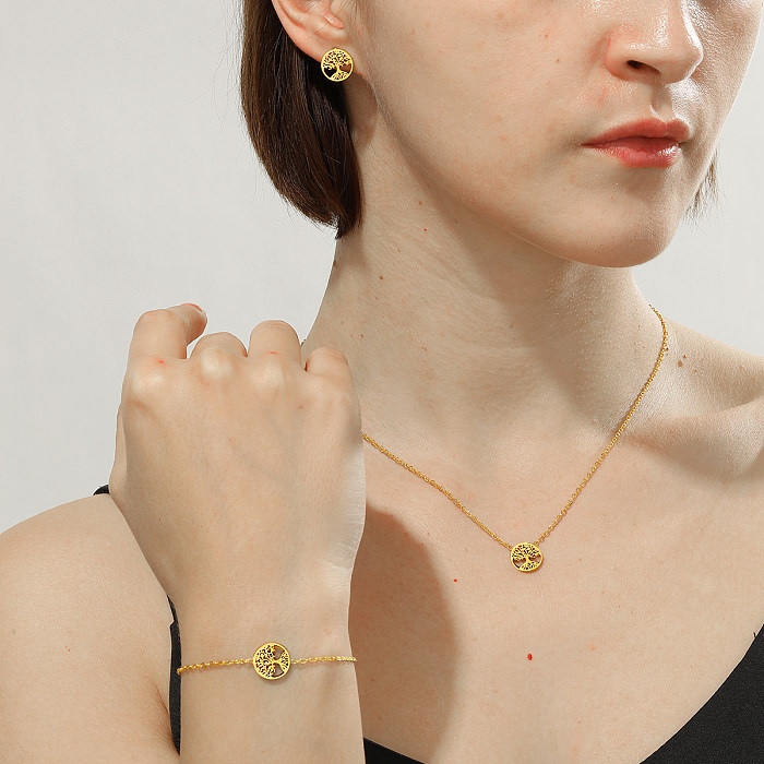 Ensemble de boucles d'oreilles et collier pour femmes, 1 ensemble, rond et carré, en acier inoxydable, incrustation de diamant artificiel, plaqué or 18 carats