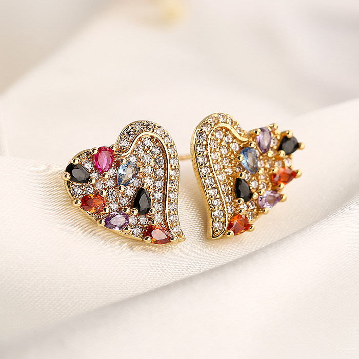 1 Pair Simple Style Commute Round Heart Shape Plating Inlay Copper Zircon 18K Gold Plated Ear Studs