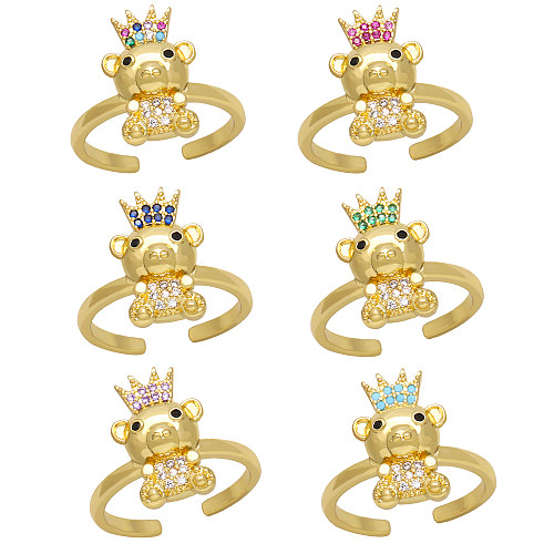 Cute Fashion Simple Style Bear Copper Plating Inlay Zircon 18K Gold Plated Open Rings