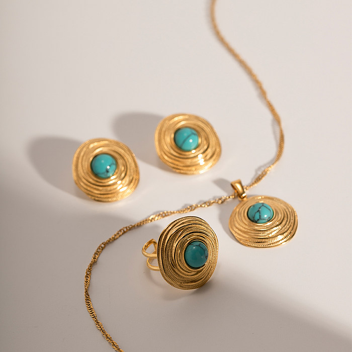 Élégant style vintage géométrique en acier inoxydable plaqué turquoise anneaux plaqués or 18 carats boucles d'oreilles collier