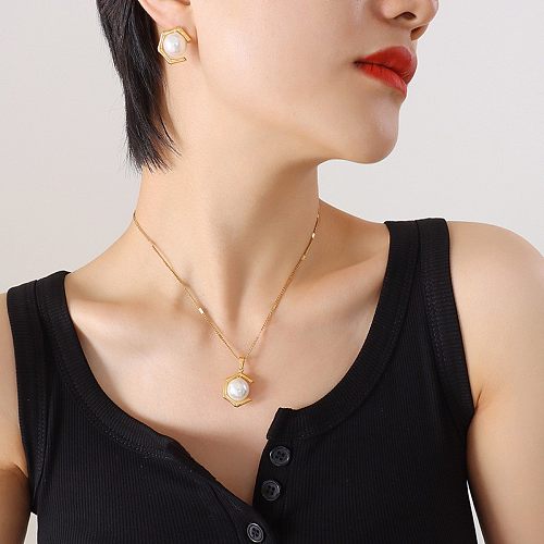 Mode Geometrische Intarsien Nachahmung Perle Anhänger Titan Stahl Ohrringe Halskette Schmuck-Set